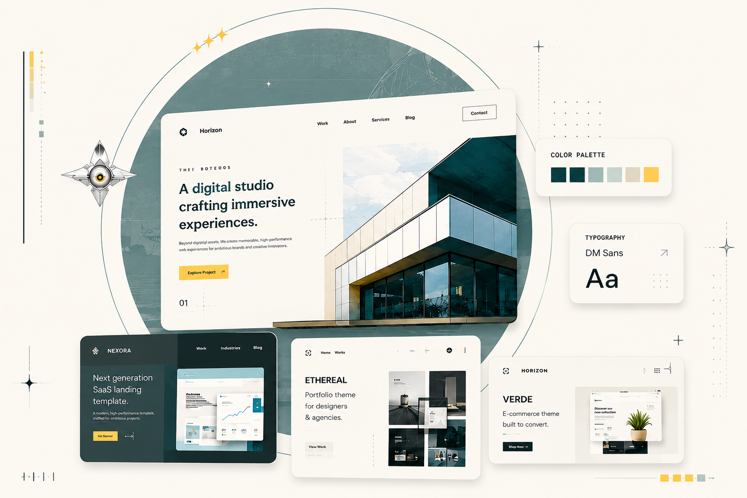 Collage of premium website designs floating inside an architectural circle: digital studio, SaaS template, portfolio and e-commerce themes.